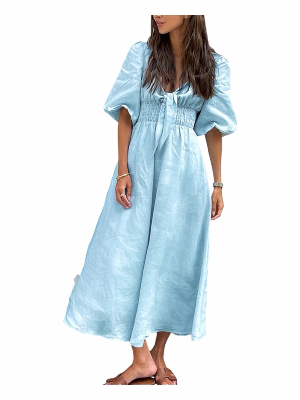 Commense Linen Cotton Front Tie Midi Dress Blue